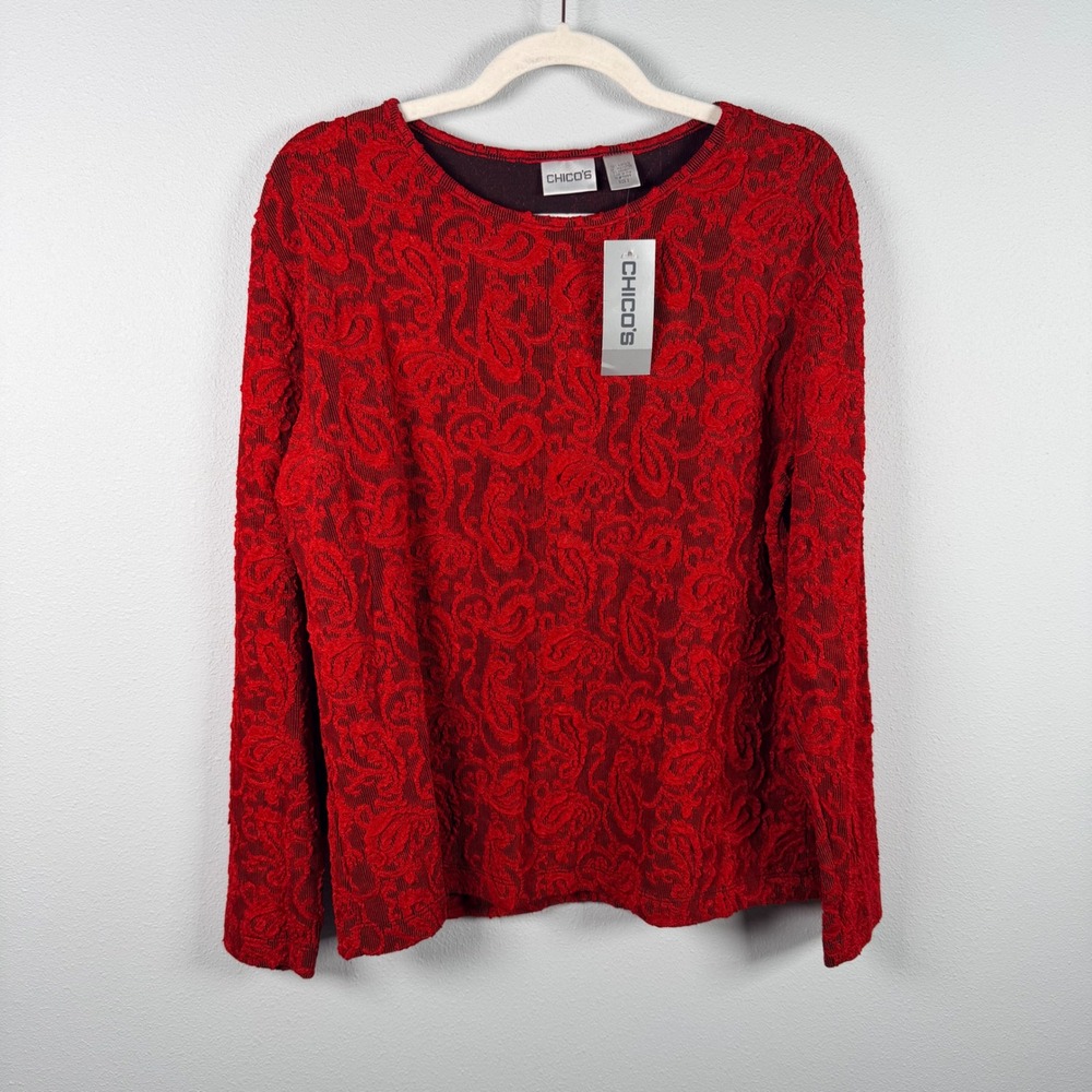 Chicos Deco Pucker LS Tee Red Textured Paisley Long Sleeve Top Size 3 NEW
